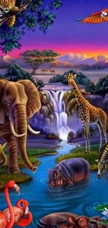 Colorful jungle wallpaper with diverse wildlife.