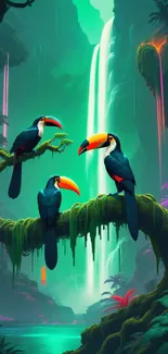 Toucans in vibrant jungle with waterfall.