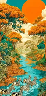 Jungle scene with zebras and orange sun.