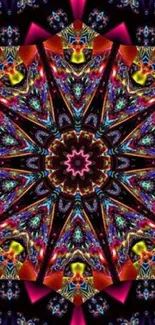 Vibrant kaleidoscope pattern with geometric shapes.