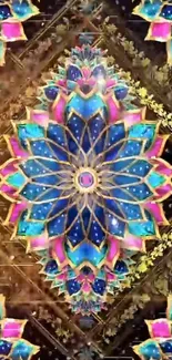 Intricate kaleidoscope design with vibrant colors in blue and pink hues.