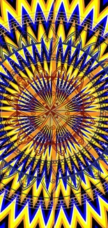 Vibrant geometric kaleidoscope mandala wallpaper in yellow and blue hues.