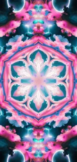 Colorful kaleidoscope art with pink and blue geometric patterns.