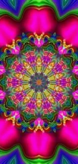 Bright pink kaleidoscope mandala with vibrant patterns.