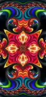 Vibrant kaleidoscope pattern with red, blue, and orange hues.