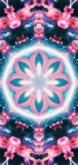 Vibrant pink and blue kaleidoscope art wallpaper with intricate patterns.