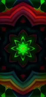 Green kaleidoscope pattern on a dark abstract background.