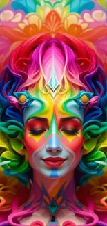 Colorful and vibrant kaleidoscope art wallpaper featuring a surreal portrait.