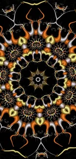 Vibrant kaleidoscope art with orange and gold geometric patterns on a black background.