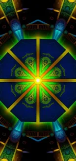 Vibrant kaleidoscope wallpaper with green, blue, and yellow geometric patterns.