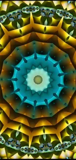 Vibrant kaleidoscope art with blue and yellow colors.