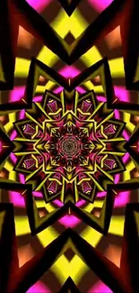 Vibrant kaleidoscope pattern with geometric design in pink and yellow hues.