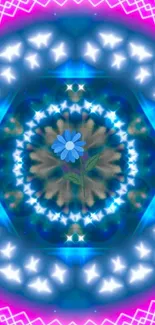 Kaleidoscope design with a central blue flower on a vibrant background.