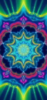 Vibrant kaleidoscope design with blue, green, and pink hues.