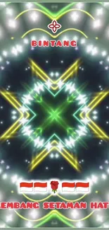 Vibrant kaleidoscope wallpaper with star patterns in green and yellow.