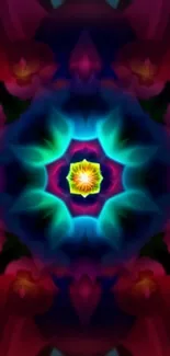 Vibrant kaleidoscope design mobile wallpaper with symmetrical patterns and rich colors.