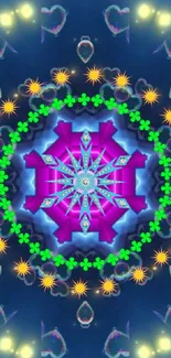 Vibrant kaleidoscope design with geometric patterns and bright colors.