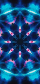 Vibrant kaleidoscope pattern wallpaper with electric blue and pink hues.