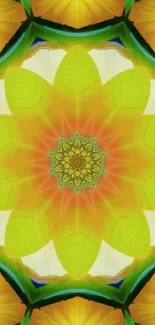 Vibrant kaleidoscope floral wallpaper with yellow and green leaves.