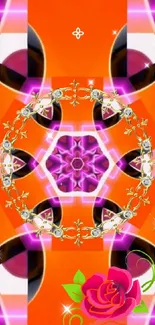 Vibrant kaleidoscope floral wallpaper with orange and pink hues.