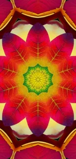 Colorful kaleidoscope flower design with red, yellow, and green hues.