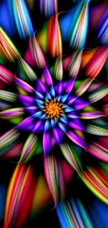 Vibrant kaleidoscope flower with psychedelic colors for mobile wallpaper.