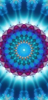 Vibrant kaleidoscope mandala with blues and purples.