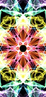 Vibrant kaleidoscope mandala with neon colors on a black background.