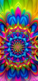 Vibrant kaleidoscope mandala in bold colors creating an intricate pattern.