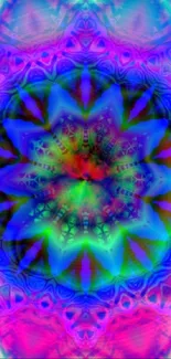 Colorful kaleidoscope mandala wallpaper in vibrant blues, pinks, and greens.