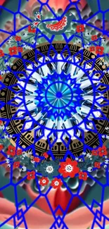 Colorful kaleidoscope mandala with floral and geometric patterns.