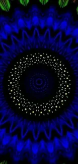 Vibrant blue kaleidoscope mandala wallpaper with intricate patterns.
