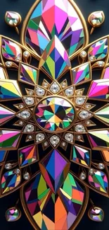 Colorful kaleidoscope mandala with gold accents in geometric pattern.