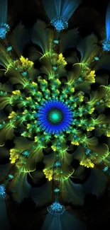 Vibrant kaleidoscope mandala with blue and green patterns