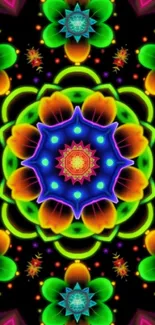 Vibrant kaleidoscope mandala wallpaper with bright geometric patterns.