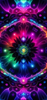 Vibrant kaleidoscope mandala wallpaper with neon patterns.