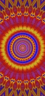 Vibrant red kaleidoscope mandala art wallpaper for mobile phones.