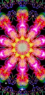 Vibrant kaleidoscope mandala art with a burst of colorful patterns.