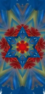 Blue and red kaleidoscope mandala wallpaper with vibrant symmetrical design.