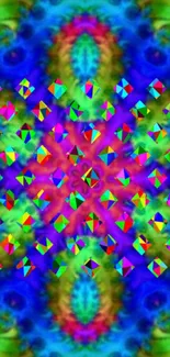 Colorful kaleidoscope pattern with geometric shapes on a vibrant background.