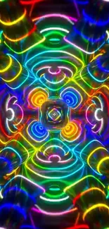 Abstract neon kaleidoscope design with vibrant colors.