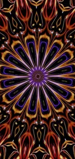 Intricate vibrant kaleidoscope pattern wallpaper with reds and purples on black background.