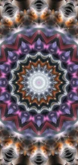 Colorful kaleidoscope pattern with purple, orange, and grey hues on a mobile wallpaper.