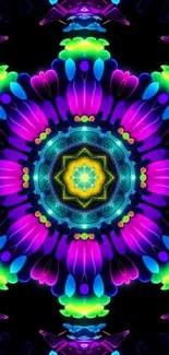 Vibrant kaleidoscope pattern with neon colors in a mandala style.