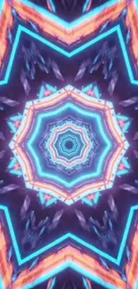 Vibrant kaleidoscope pattern with blue, orange, and purple hues for mobile wallpaper.