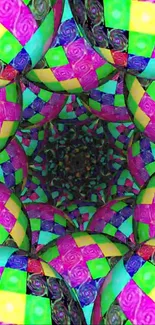 Vibrant kaleidoscope pattern with colorful geometric shapes.