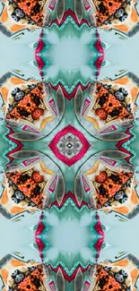 Vibrant kaleidoscope pattern with teal and colorful accents.