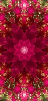 Vibrant kaleidoscope wallpaper with floral patterns in magenta and green hues.