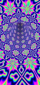 Bright kaleidoscope pattern with neon colors in purple, green, and blue.