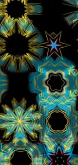 Vibrant geometric kaleidoscope wallpaper with electric blue and yellow patterns.